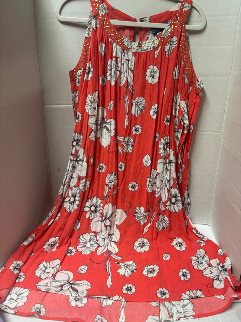 Coral Floral Sleeveless Summer Dress with Embellished Neckline